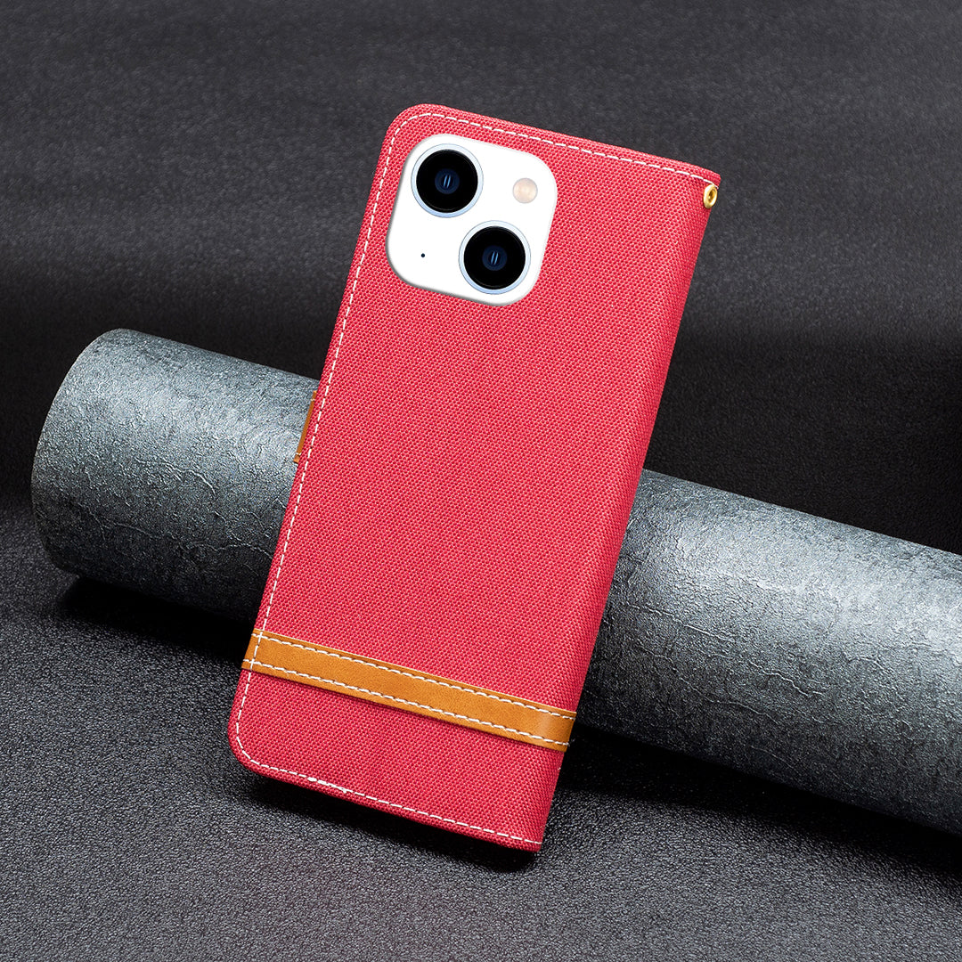 Uniqkart for iPhone 15 Jeans Cloth Splicing PU Leather + TPU Phone Case Wallet Stand Anti-scratch Cover - Red Uniqkart for iPhone 15 Jeans Cloth Splicing PU Leather + TPU Phone Case Wallet Stand Anti-scratch Cover - Red